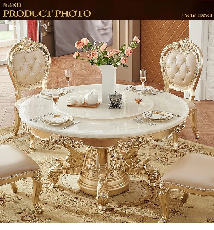 European white ice jade marble gold round dining table and chair combination European luxury solid wood dining table