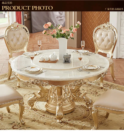 European white ice jade marble gold round dining table and chair combination European luxury solid wood dining table