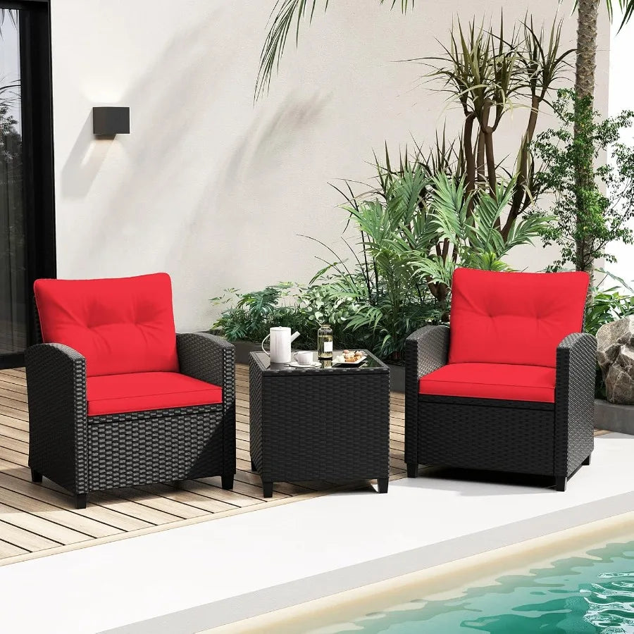 3Piece Rattan Conversation Set with Soft Seat and Back Cushions for Backyard Porch Poolside Use Featuring Tempered Glass Top Co