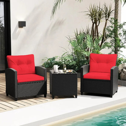 3Piece Rattan Conversation Set with Soft Seat and Back Cushions for Backyard Porch Poolside Use Featuring Tempered Glass Top Co