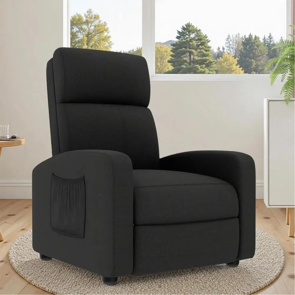 Black Linen Fabric Recliner Chair with Thicker Seat Cushion, Side Pocket, Adjustable Backrest and Footrest for Home Theater and