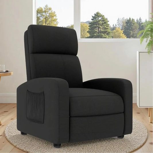 Black Linen Fabric Recliner Chair with Thicker Seat Cushion, Side Pocket, Adjustable Backrest and Footrest for Home Theater and