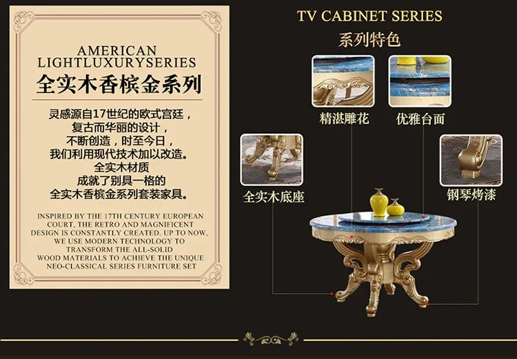 A55 European dining table andchairs American marble round table with turntable solid wood carving flower luxury champagne gold r