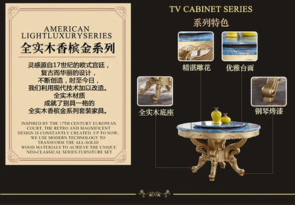 A55 European dining table andchairs American marble round table with turntable solid wood carving flower luxury champagne gold r