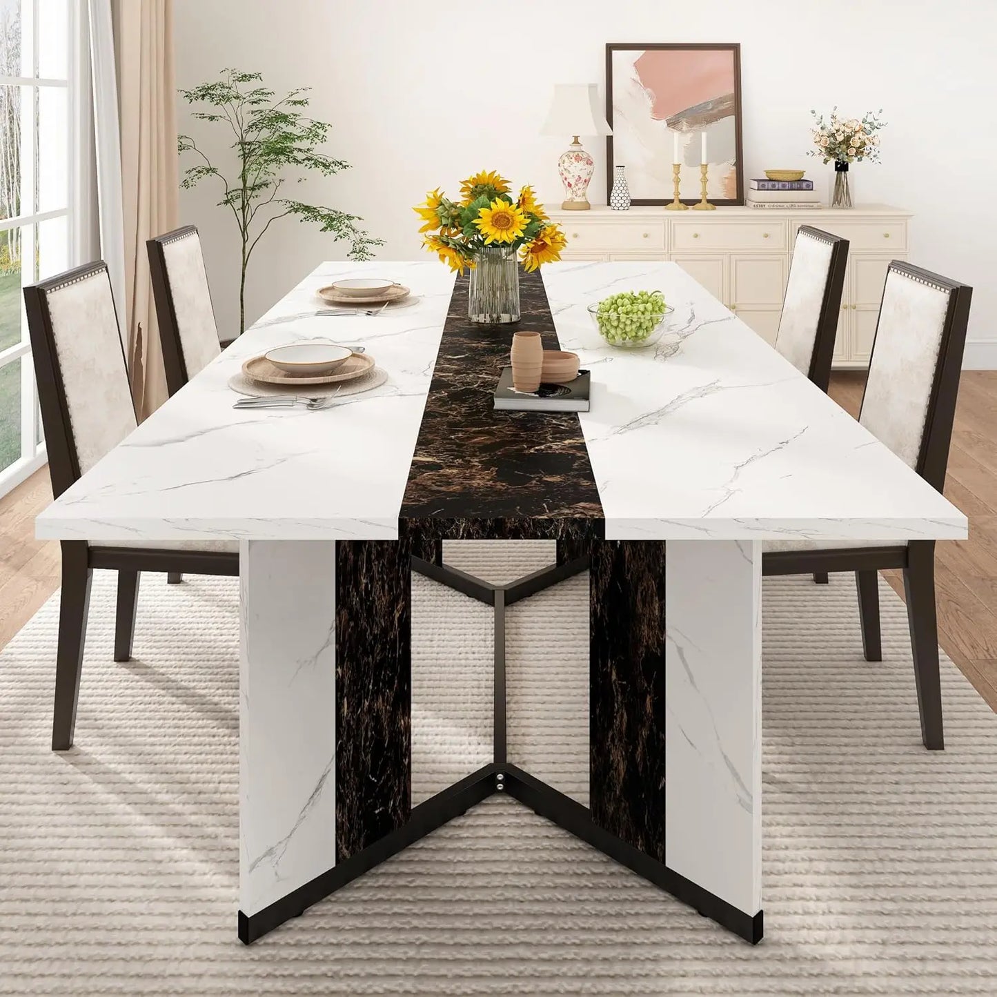 71 inch Dining Table for 4 5 6 | Modern Rectangular Kitchen Table W/Waterproof Wood Tabletop,Farmhouse Long Dining R