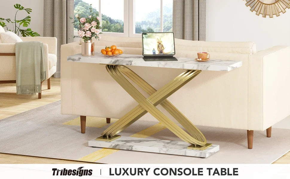 Tribesigns 55 Inch Modern Console Table, Faux Marble Gold Entryway Table Behind Sofa Couch, Narrow Rectangular Sofa Table