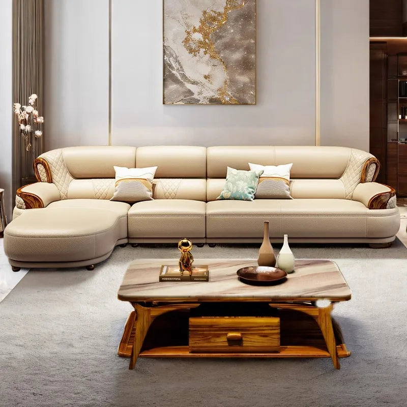 New Chinese style, leather, sofa, corner, modern, simple, solid wood, light luxury, living room