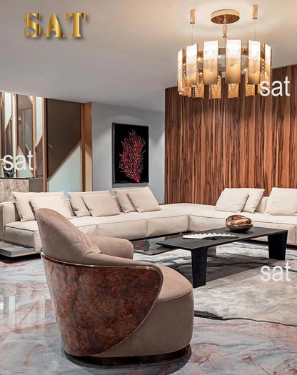 # Hot Villa Living Room Veneer Back Chair Luxury Modern Italian Leather Wood Veneer Leisure Chair