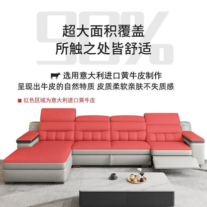 Electric function, leather sofa bed, first layer cowhide, small apartment, living room, modern, simple