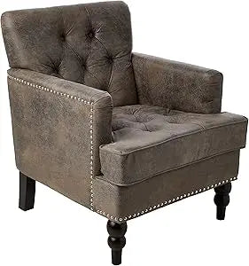 "medford brown upholstered club chair with fabric accents and nailhead trim"