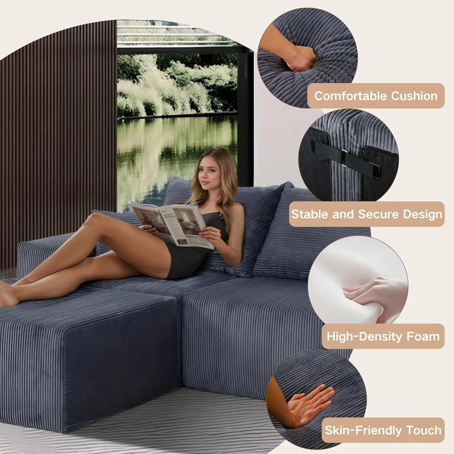 Family Sofa Set for Living Room, 8-Piece Modular U-Shaped Sectional Sofa with Oversized Chaise Lounge and Bed,Customized