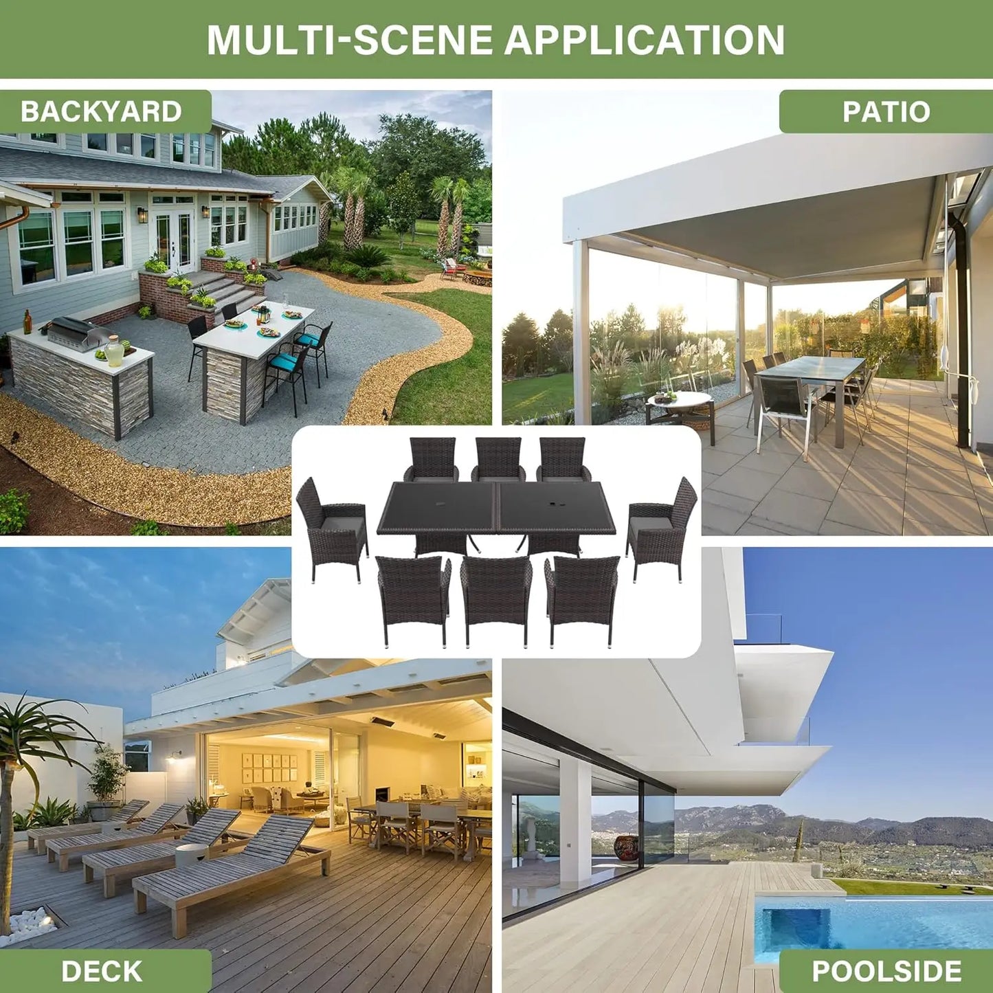 10 Piece Patio Dining Set All-Weather Wicker Outdoor Patio Furniture Set w/Tempered Glass Tabletop, Removable Cushions and Umbre
