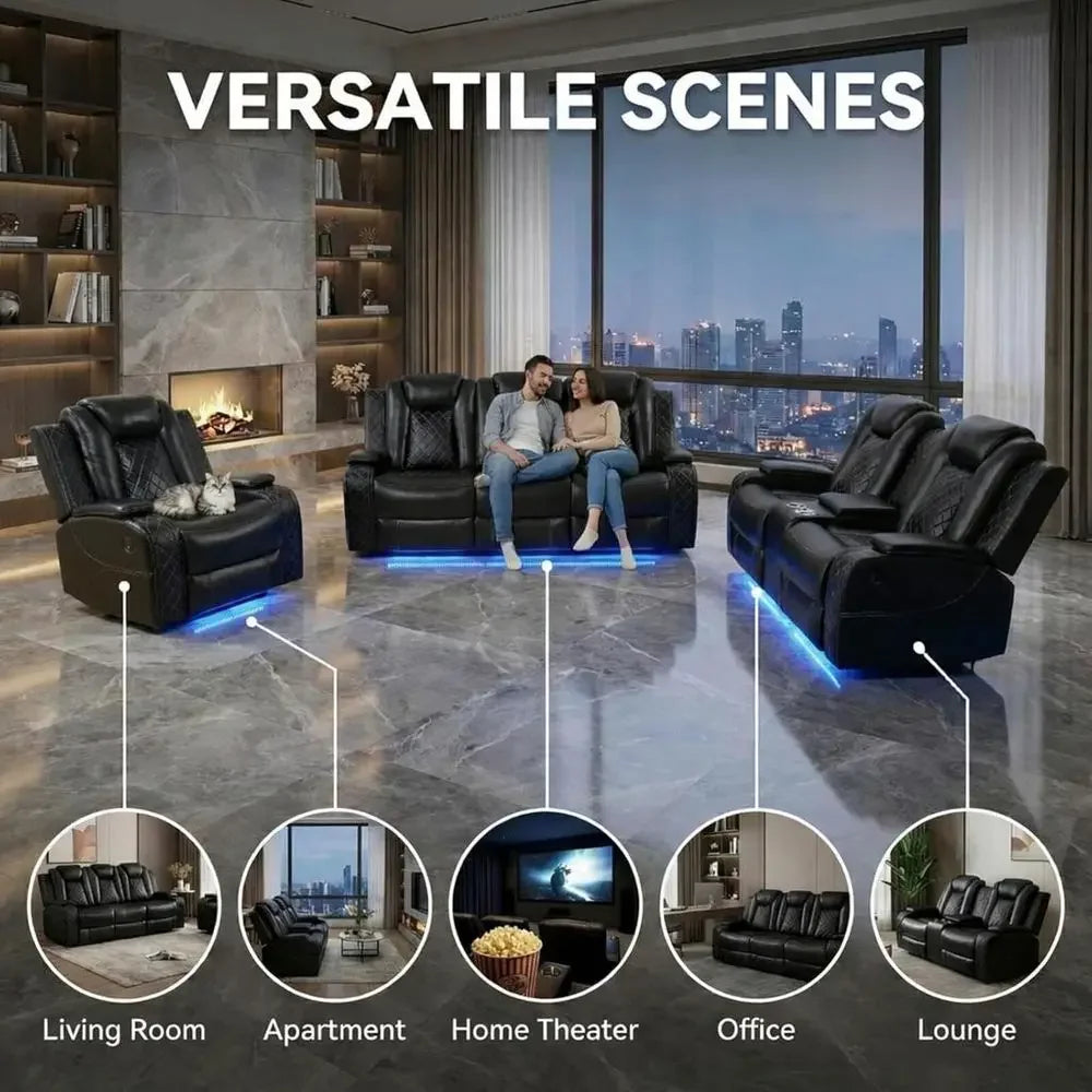 3-Piece Power Reclining Sectional Sofa with LED Lights, Air Leather Recliner with USB Port and Storage, Black Living Room Furnit