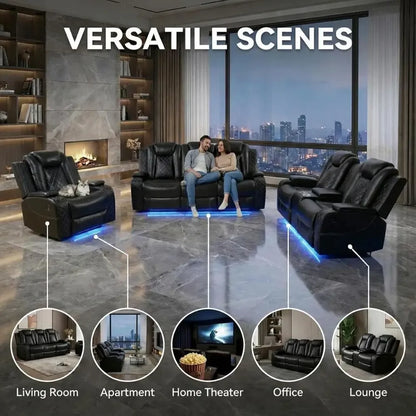 3-Piece Power Reclining Sectional Sofa with LED Lights, Air Leather Recliner with USB Port and Storage, Black Living Room Furnit