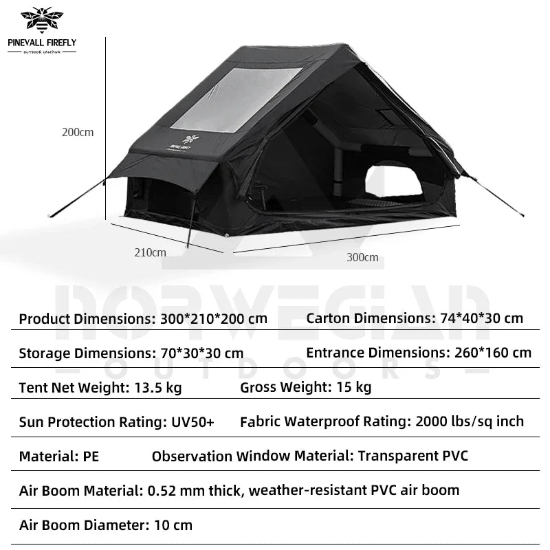 Outdoor inflatable camping tent with a panoramic skylight, suitable for activities such as camping, hiking, and fishing.