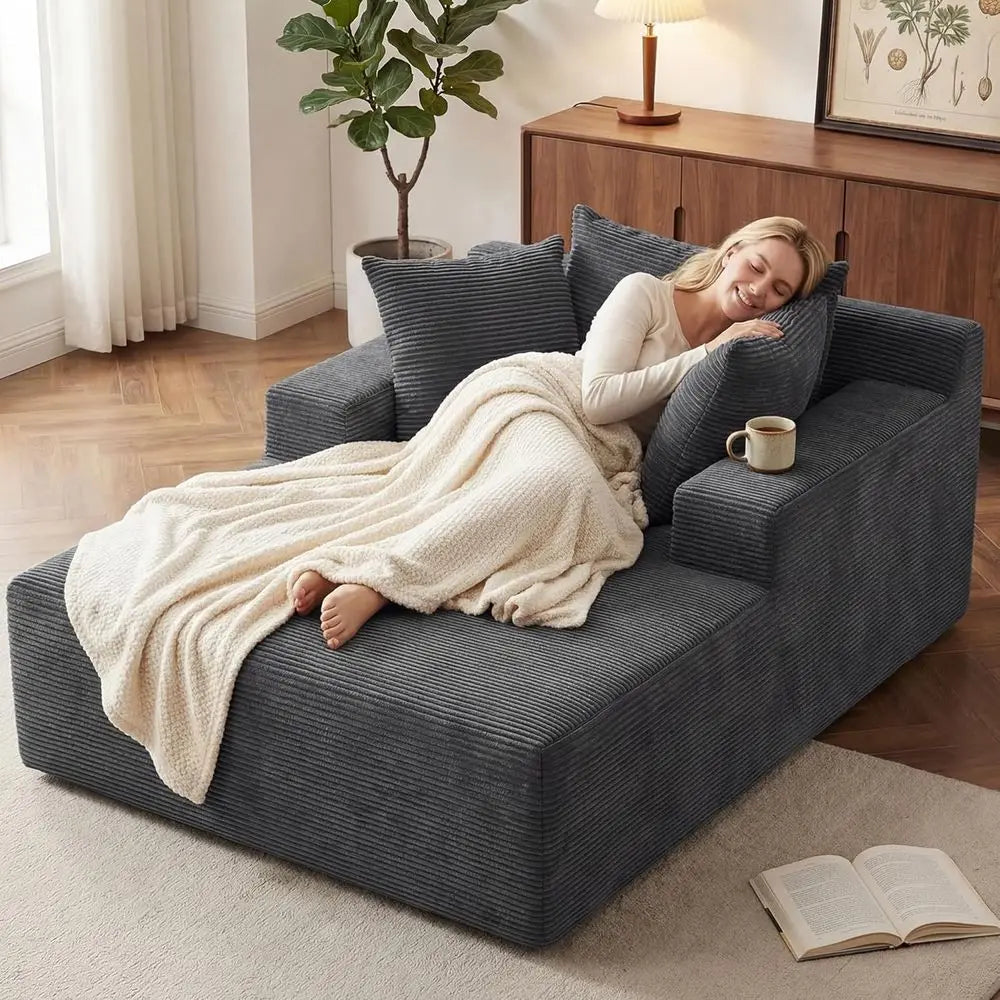 66 Oversized Chaise Lounge Chair Indoor, Plush Corduroy Cloud Reading Chair, 3 Pillows Included, Deep Seat Sleeper Couch for Liv