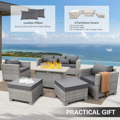 Patio Furniture Set 6 Piece Grey Wicker Outdoor Furniture Patio Sectional Sofa Couch PE Rattan Conversation Sets with Fir