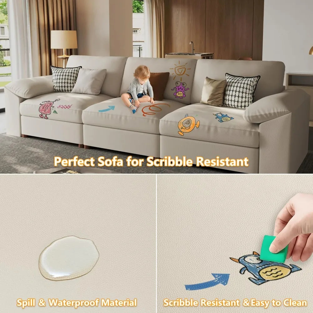 3 Seater Deep Seat Sectional Sofa,Scratch Resistant Faux Leather Material, Oversized Modular Couch for Living Room