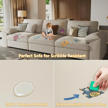 3 Seater Deep Seat Sectional Sofa,Scratch Resistant Faux Leather Material, Oversized Modular Couch for Living Room