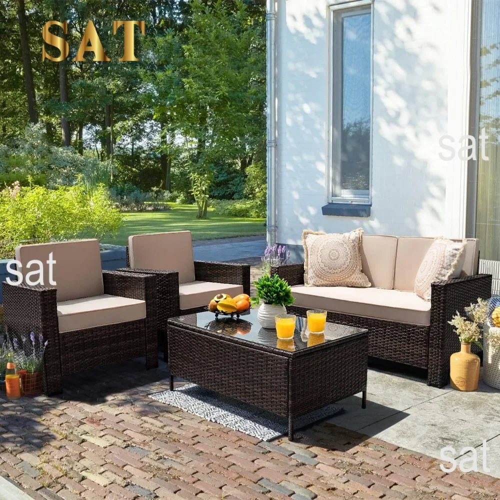 # l 4-piece courtyard furniture set, rattan chair and willow dialogue sofa set, suitable for outdoor, indoor, garden and balcony