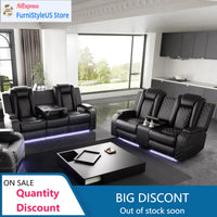 Power Recliner Sofa Set with LED Light for Living Room Furniture，Black Leather Reclining Sofa and Loveseat Set 3 Seater Sofa