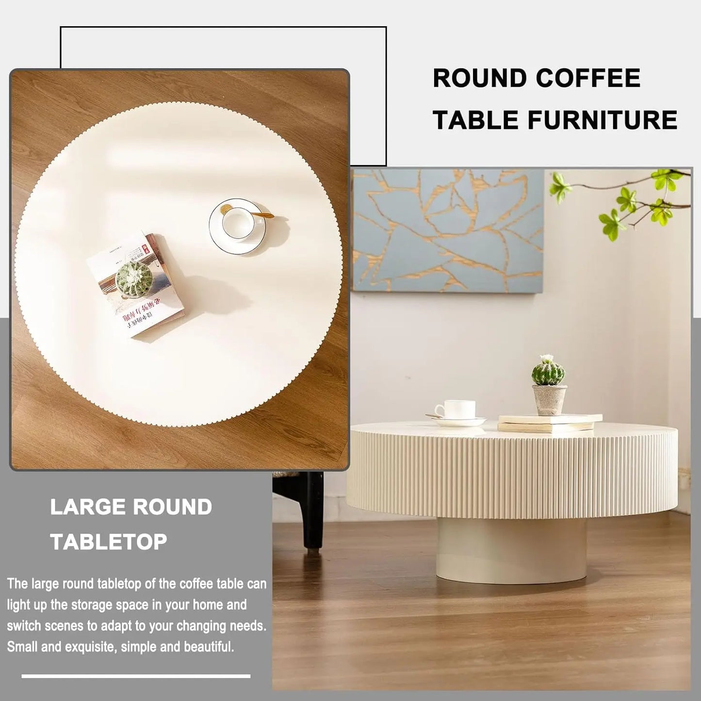 Round Coffee Table, Handcrafted Fluted Drum Coffee Tables Modern Wood Coffee Table Circle Drum Center Table For Living Room