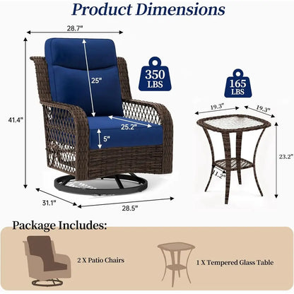 Patio Bistro Set 3 Piece Wicker Rocking Chairs Sets Outdoor Swivel Chair urniture Set with Rattan Side Table, 5" Thick Cushion G