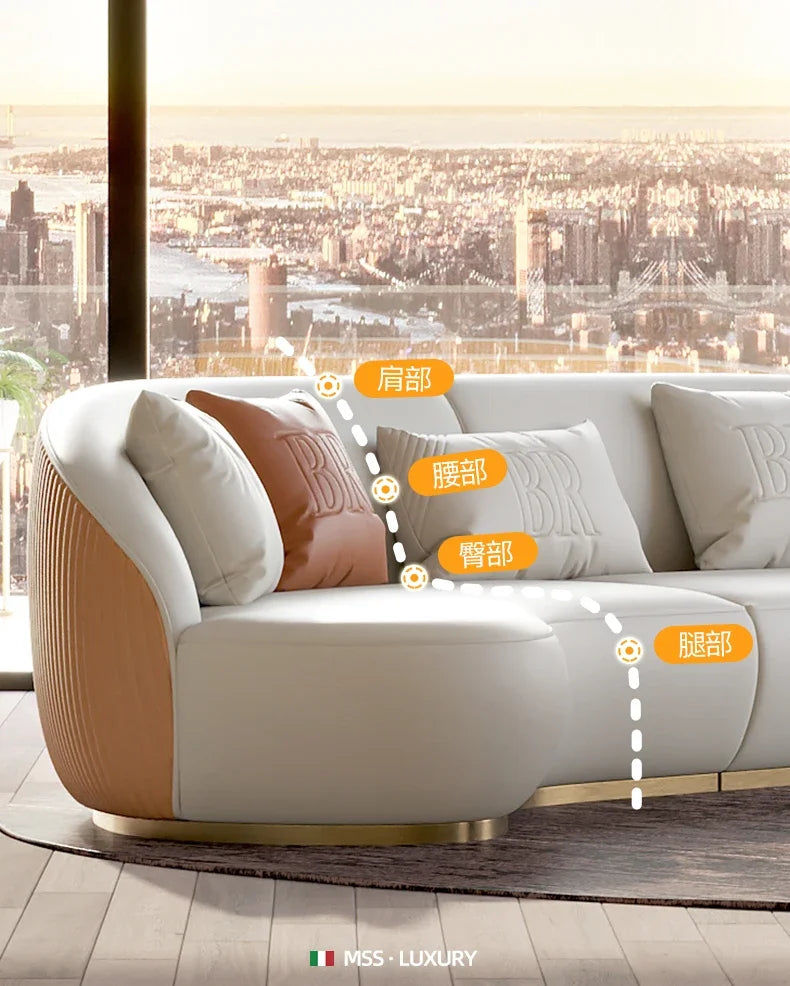 Two-color U-shaped villa leather sofa, modern light luxury semi-curved sofa