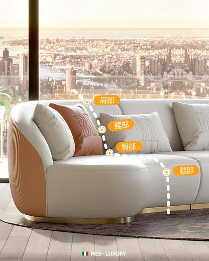 Two-color U-shaped villa leather sofa, modern light luxury semi-curved sofa