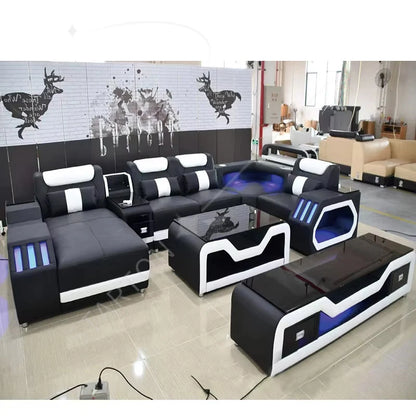 Modern Design Leather L Shape Sofa Set Living Room Home Furniture  Leather Sofa Set Usb Charge Sofa With Music Play