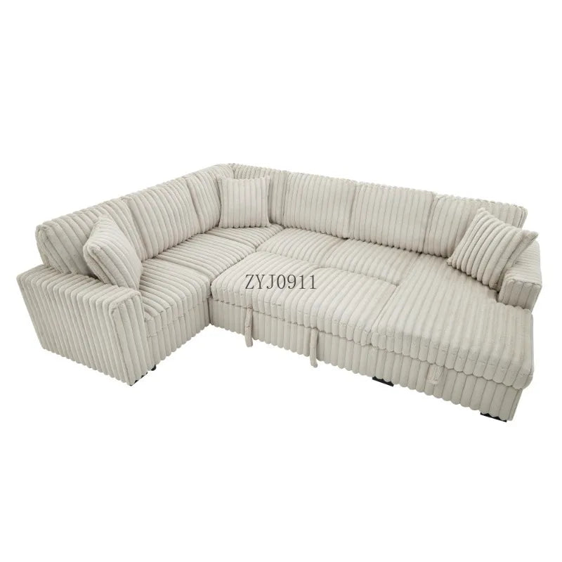 122-Inch lift sofa bed, plush fabric sofa bed with USB port, living room khaki sofa