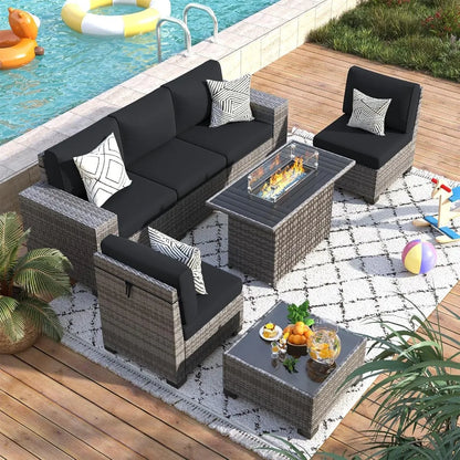 7-Piece Outdoor Patio Furniture Set with Fire Pit, Sectional Wicker Sofa and Coffee Table