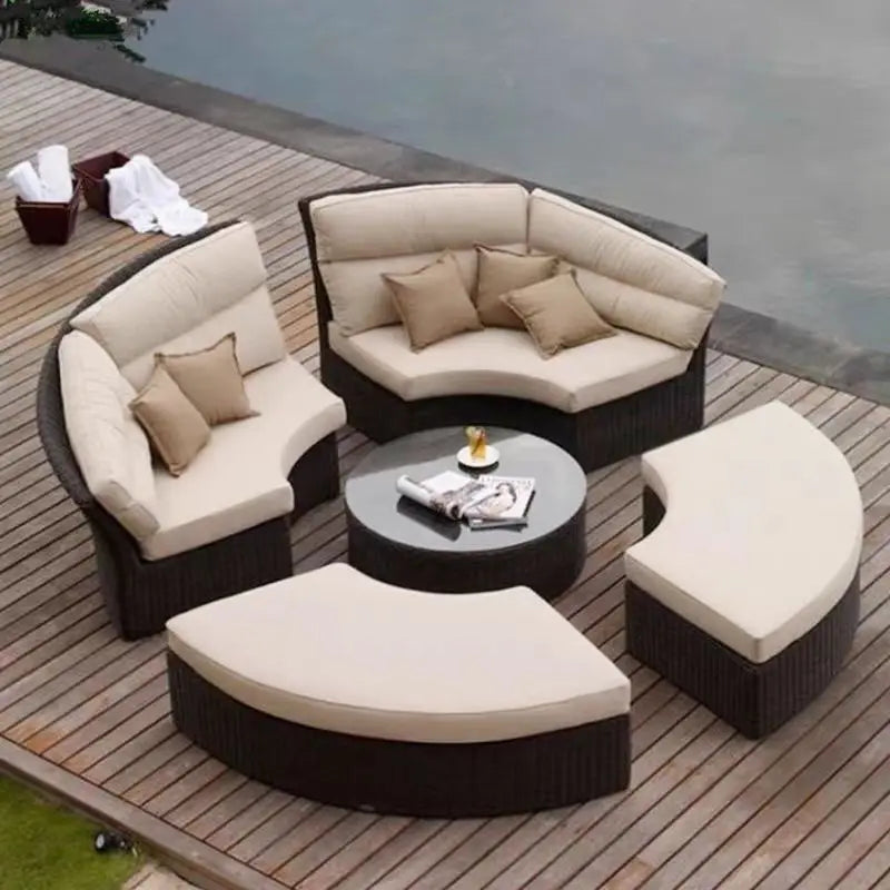 Modular Outdoor Garden Sofa Set With Height Adjustable Lifting Table Sunbed Shape Sun Lounger