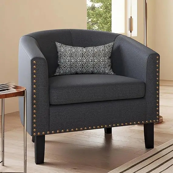 Modern Tub Club Chair, Upholstered Armchair with Gold Nail Head Trim and Black Legs for Living Room