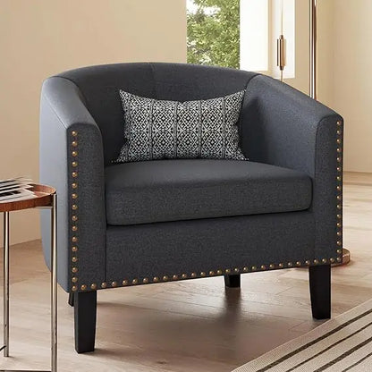 Modern Tub Club Chair, Upholstered Armchair with Gold Nail Head Trim and Black Legs for Living Room