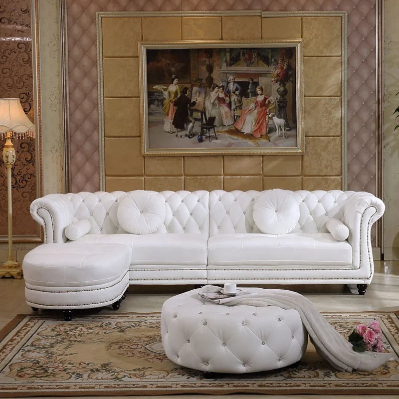 Modern Home Furniture Genuine Leather L-Shaped Sectional Corner Sofa Set Wood Legs with Sponge Filling for Living Room Villa