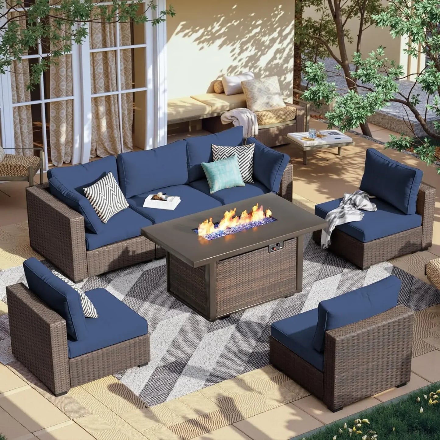 7 Piece Patio Furniture Set with  Fire Pit Table Outdoor Sectional Conversation Sofa Set with Coffee Table