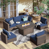 7 Piece Patio Furniture Set with  Fire Pit Table Outdoor Sectional Conversation Sofa Set with Coffee Table