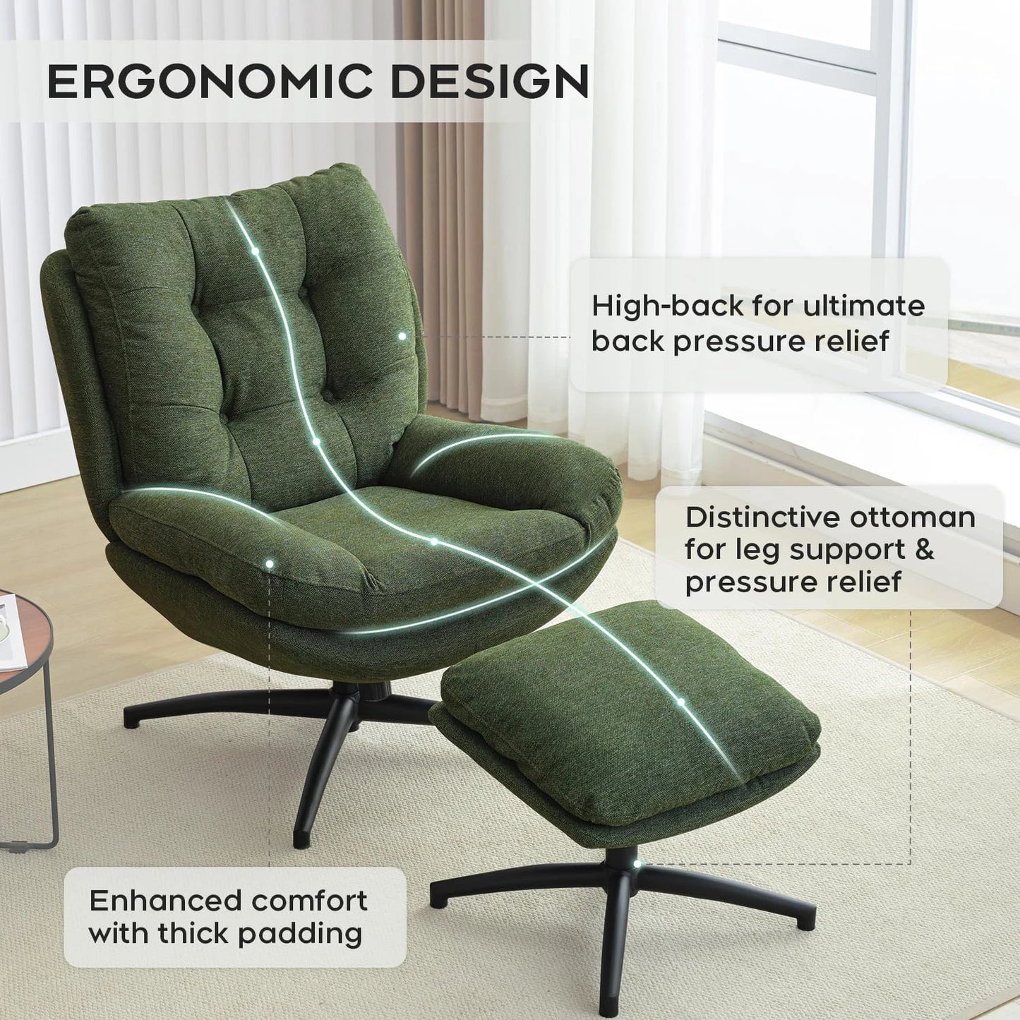 TODRANI 360° Chenille Rocking Swivel Accent Chair with Ottoman Ergonomic Reclining Lounge Chair for Living Room, Bedroom