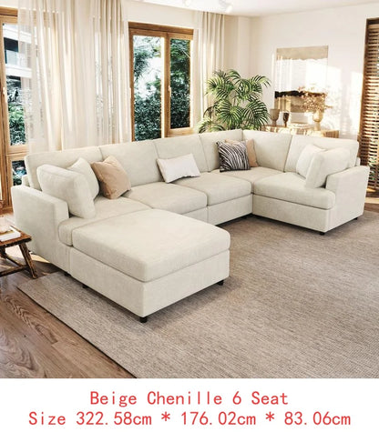 U-Style 127" U-Shaped Sectional Sofa with Movable Ottoman, 6-Piece Chenille Fabric Sofa Set, Convertible Modular Corner Couch