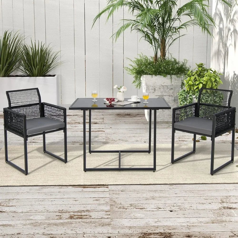 3 Pieces Outdoor Dining Set, Patio PE Rattan Furniture Set with Folding Backrest, Cozy Seat Cushions, Tempered Glass
