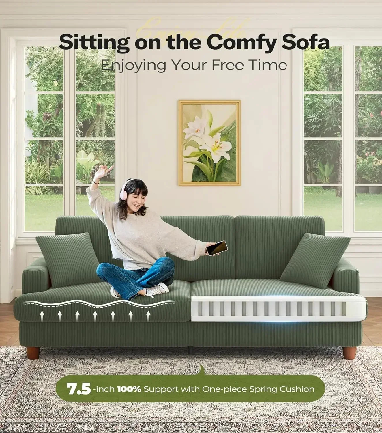 87in Green Sofa, Couches for Living Room No Tool Assembly, Modern Oversized Love Seat with 2 Pillows, Sofa Couch for Bedroom