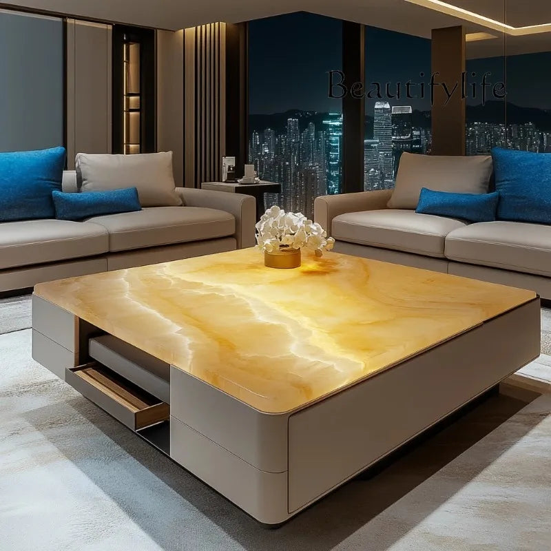 High-quality luminous jade coffee table living room custom square modern design luxury stone light luxury villa