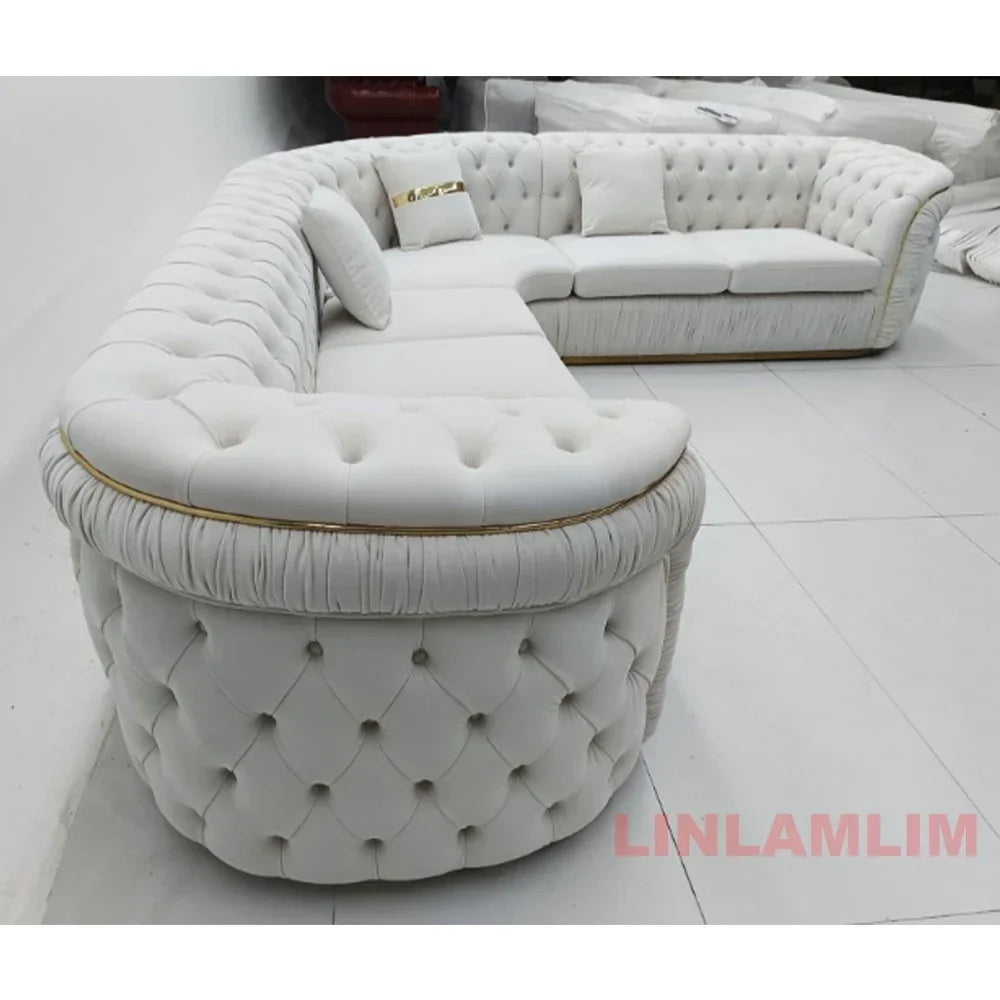 A Luxury Chesterfield Sectional Sofa Set With Cloth Buttons And Fabric Modular Couch With Gold Stainless Steel Base, 3-seater So