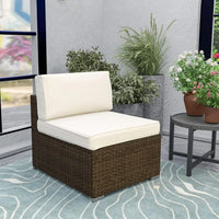 Outdoor Patio Furniture Wicker Armless Chair w Beige Cushion for Garden, Pool, Backyard