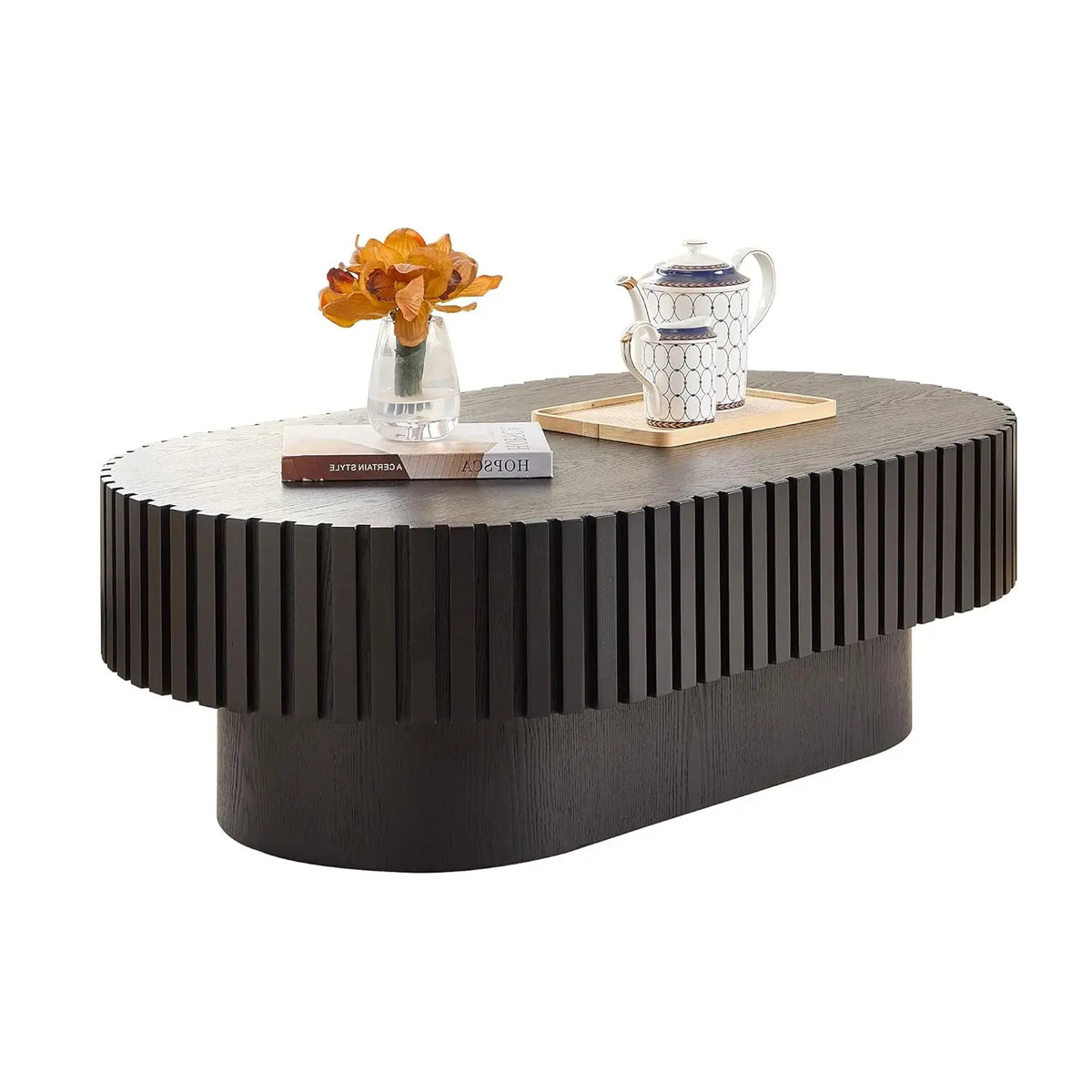 Square Coffee Table for Living Room, Modern Handcraft Solid Wood Drum Coffee Table with Sturdy Pedestal Shaped Tea Table