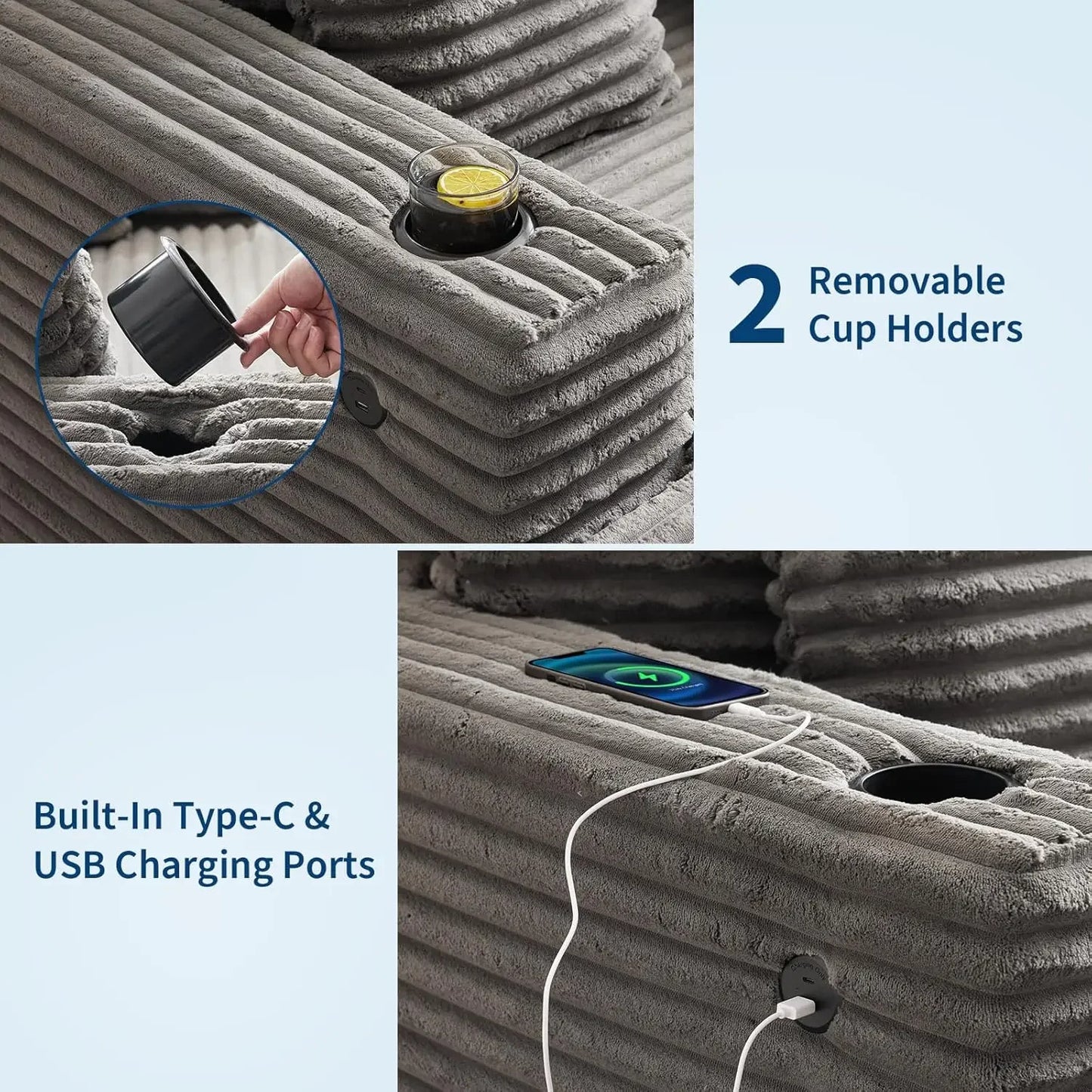 Oversized Chaise Lounge Chair Corduroy Fabric with USB Charging Station Cup Holder and Sleeper Function