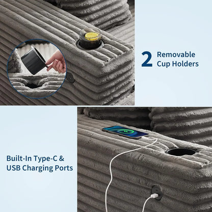 Oversized Chaise Lounge Chair Corduroy Fabric with USB Charging Station Cup Holder and Sleeper Function
