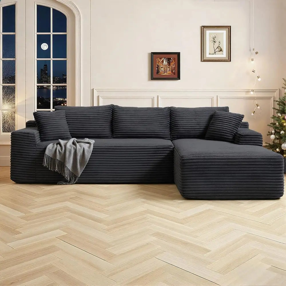Modern 108 L-Shape Sectional Sofa, Deep Seated Cloud Couch, Corduroy Fabric, Black, Right Chaise, Living Room Furniture, No Asse