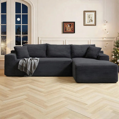Modern 108 L-Shape Sectional Sofa, Deep Seated Cloud Couch, Corduroy Fabric, Black, Right Chaise, Living Room Furniture, No Asse